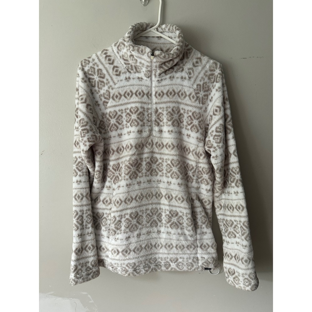 Eddie Bauer Womens Tan Fair Isle Plush Fleece Quarter Zip Pullover M